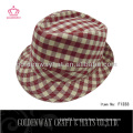 Cotton wine red and beige checked fedora hat